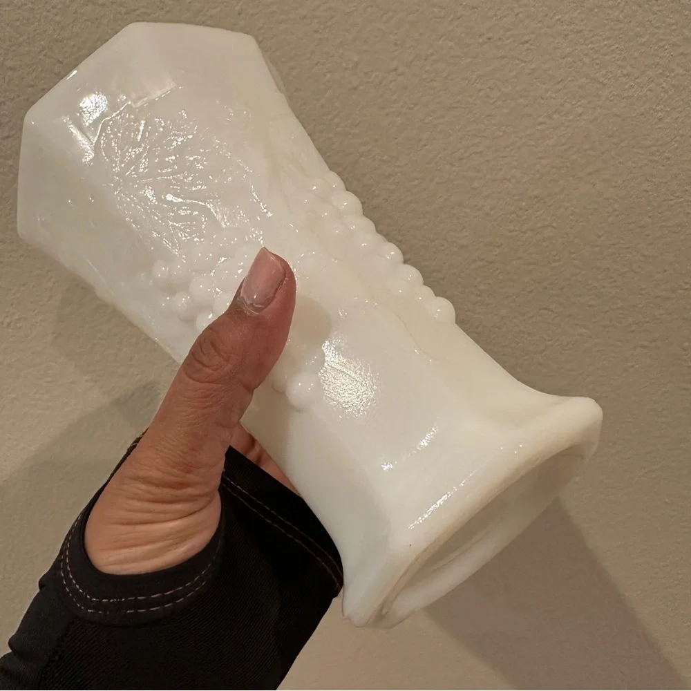 Vintage White Milk Glass Flower Vase Grape Vine Pattern Octagon Shape 7” Tall